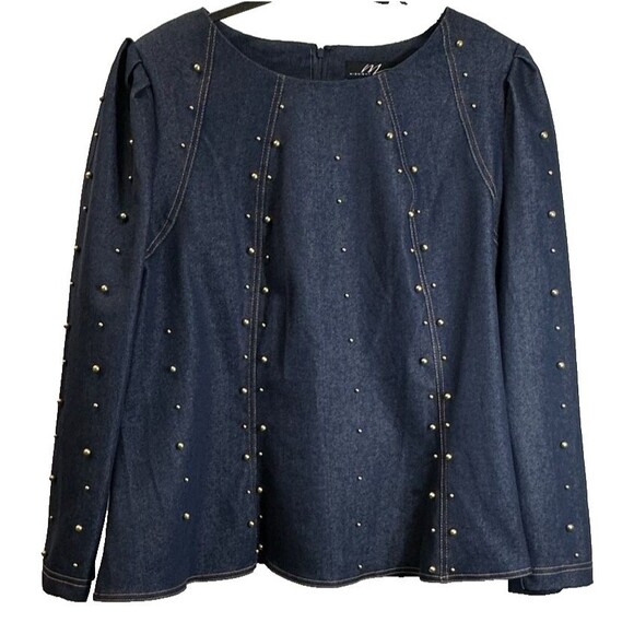 Midnight Velvet Top Sz 18W Blue Denim Gold Tone Studded Business/Casual Back Zip - Picture 1 of 11